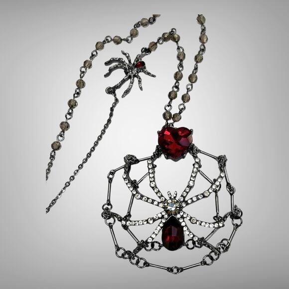 NEW Betsey Johnson SPIDERWEB NECKLACE 35" Long Beads Red Stone Heart Spider Web - Picture 1 of 11